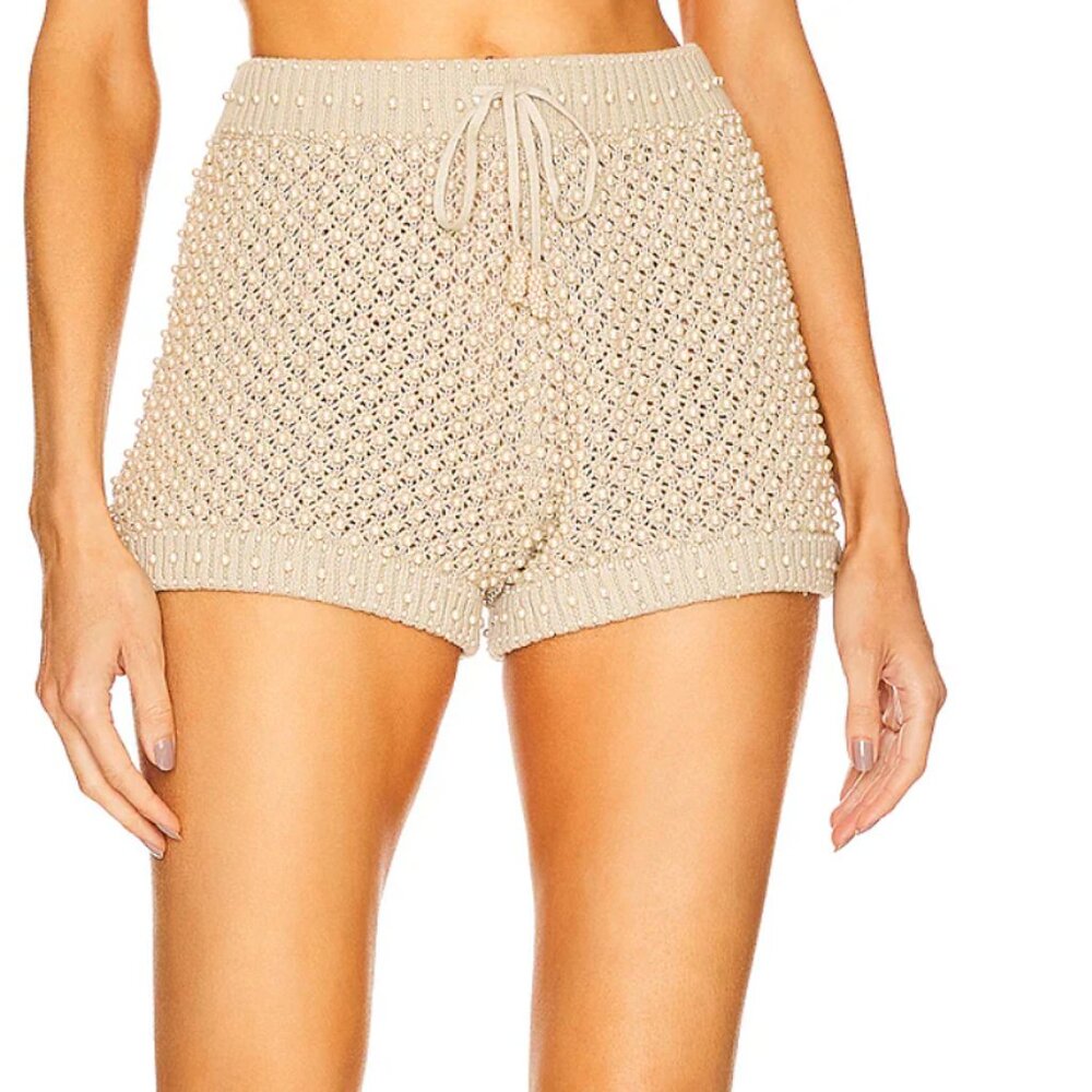 Retrofête Nixie Crochet Pearl-Embellished Knit Micro-Shorts Small